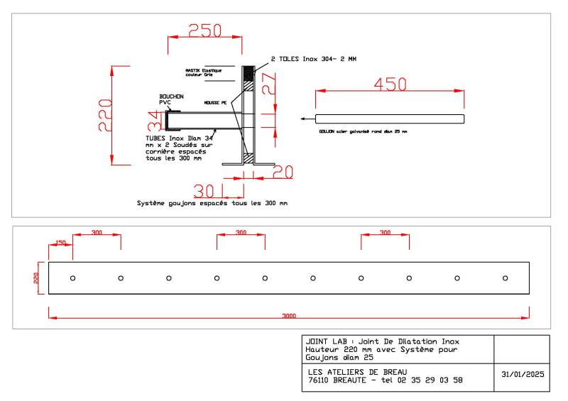 Joint de dilatation avec goujons surface béton pour voirie légère
